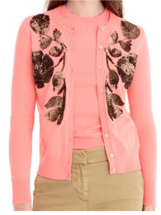 J. Crew Sweaters - J. Crew Coral Button-Front Cardigan with Black Sequin Floral